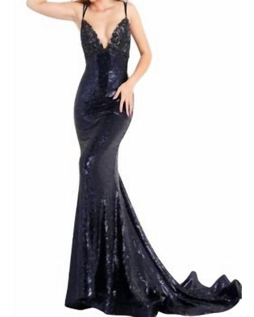 Jovani Blue Sequin Fitted Gown