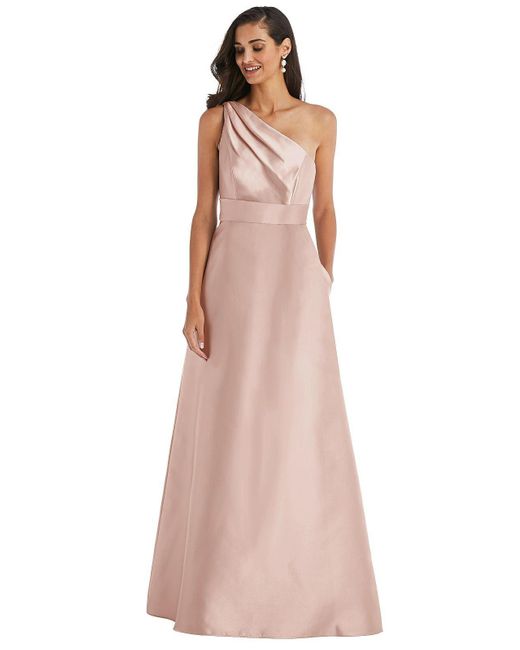 Alfred Sung Pink Draped One-shoulder Satin Maxi Dress With Pockets