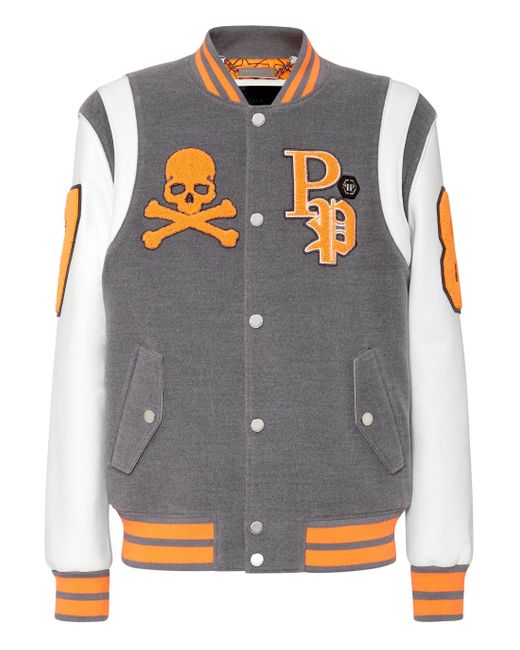 Philipp Plein Gray College Jacket Deer Leather Sleeves Patches for men