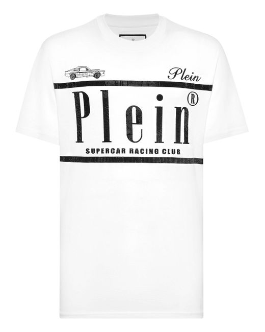 Philipp Plein White Jersey T-Shirt Round Neck Ss Strass Racing Club for men