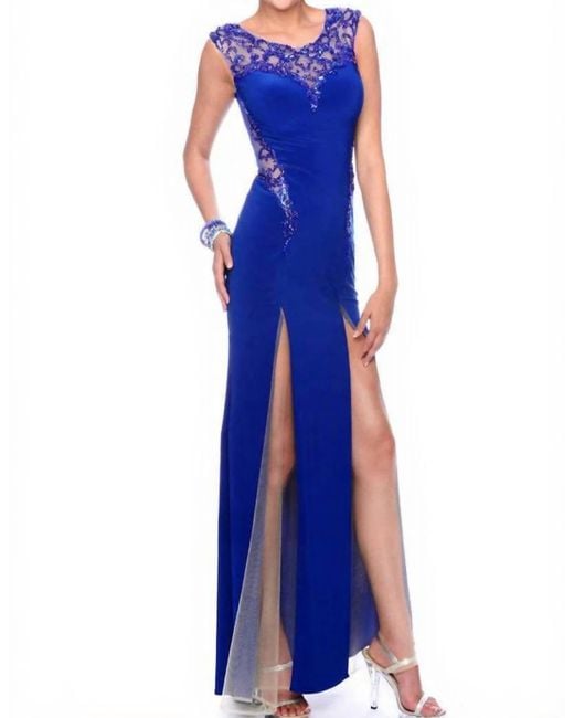Precious Formals Blue Sheer-Paneled Evening Gown With Walking Slits