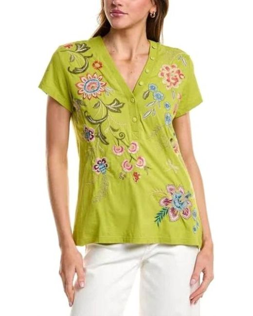 Johnny Was Yellow Button Neck Knit Tee