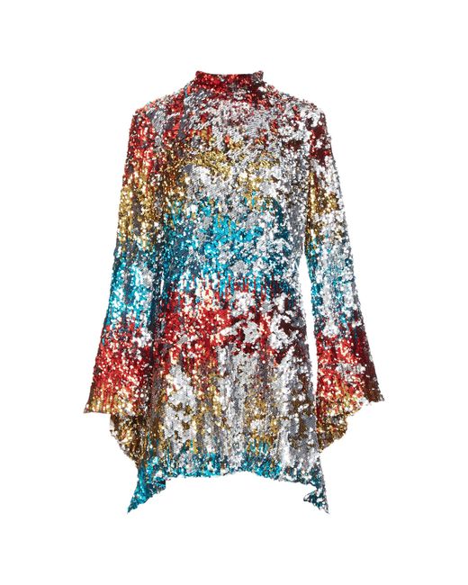 Halpern Multicolor Flip Sequin Flare Drape Hem Mini Dress