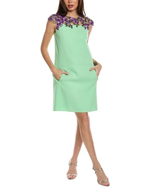 Oscar de la Renta Green Degrade Lilac Threadwork Wool-blend Shift Dress
