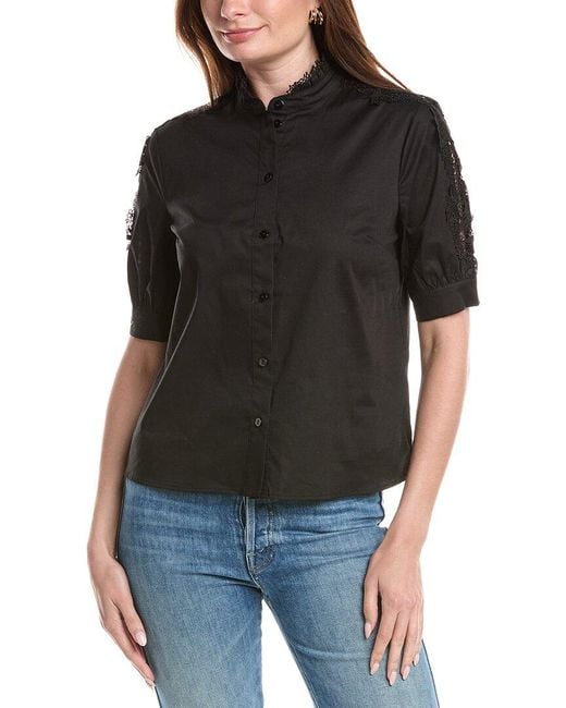 Tahari Black Mandarin Collar Button Down Blouse