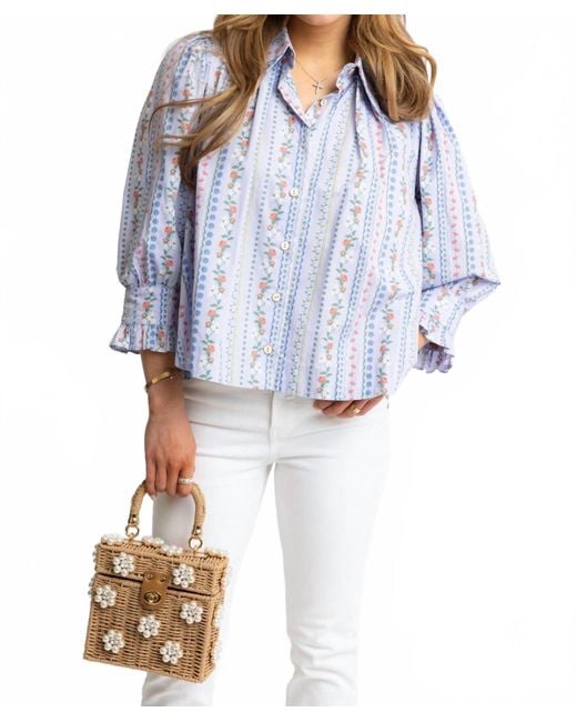 Karlie Blue Floral French Vine Button-Up Top With Ruffle Sleeve