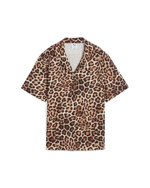 PUMA Brown Leo Luxe Relaxed All-Over Print Woven Shirt