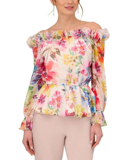 Adrianna Papell Pink Floral Print Ruffled Blouse