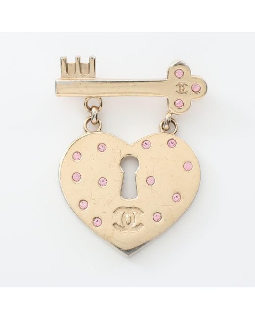 Chanel Metallic Coco Mark Brooch Gp Rhinestone Heart Key Motif 02p