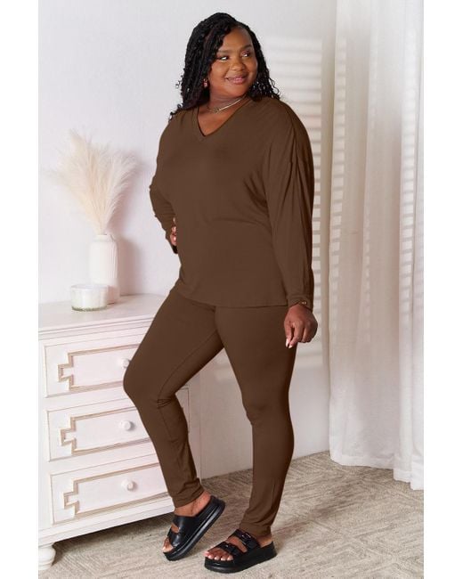 TRUEDAMES Brown Full Size V-Neck Soft Rayon Long Sleeve Top And Pants Lounge Set