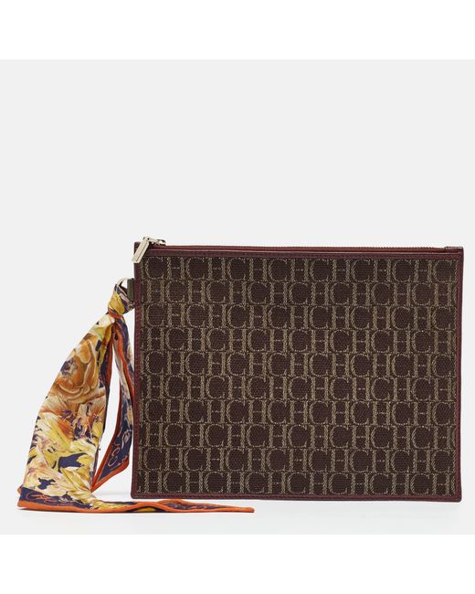Carolina Herrera /brown Monogram Canvas And Leather Scarf Flat Pouch