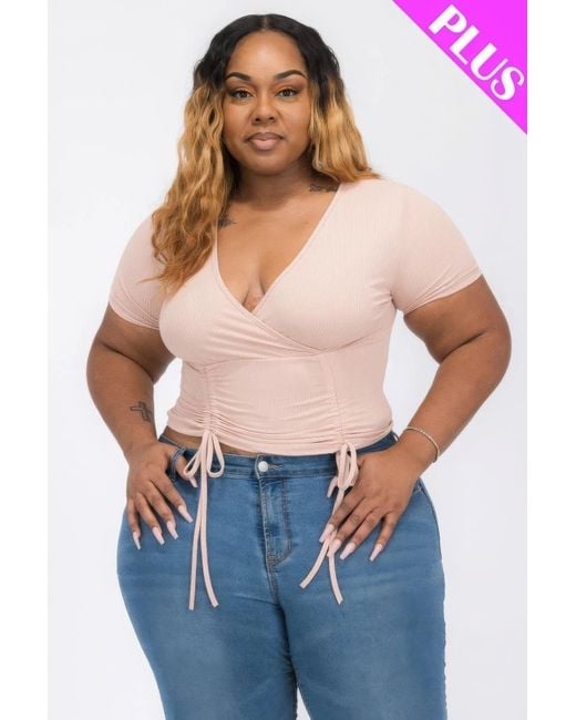 TRUEDAMES Blue Plus Ribbed Ruched Drawstring Surplice Top