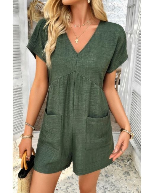 TRUEDAMES Green Solid Deep V Neck Drop Shoulder Loose Pockets Romper