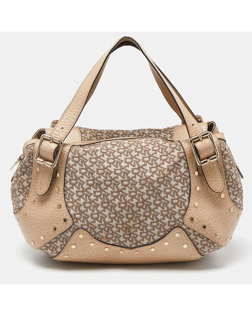 DKNY Metallic Signature Canvas And Leather Studded Hobo