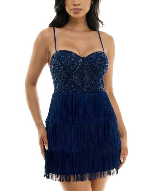 B Darlin Blue Juniors Fringe Mesh Cocktail And Party Dress