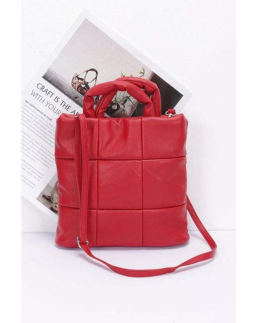 Fashnzfab Red Quilted Faux Leather Padded Tote Bag