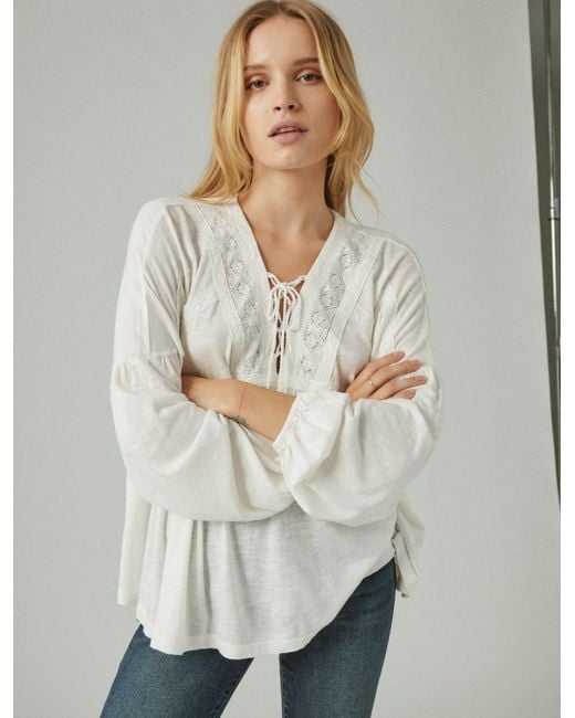Lucky Brand White Lace Up Trim Peasant Top
