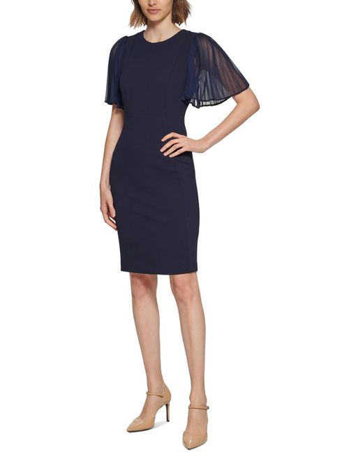 Calvin Klein Blue Pleated Sleeves Round Neck Sheath Dress