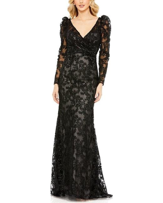 Mac Duggal Black Embroidered Lace Puff Sleeve Wrap Over Gown