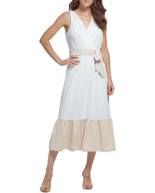 DKNY White Colorblock Long Midi Dress