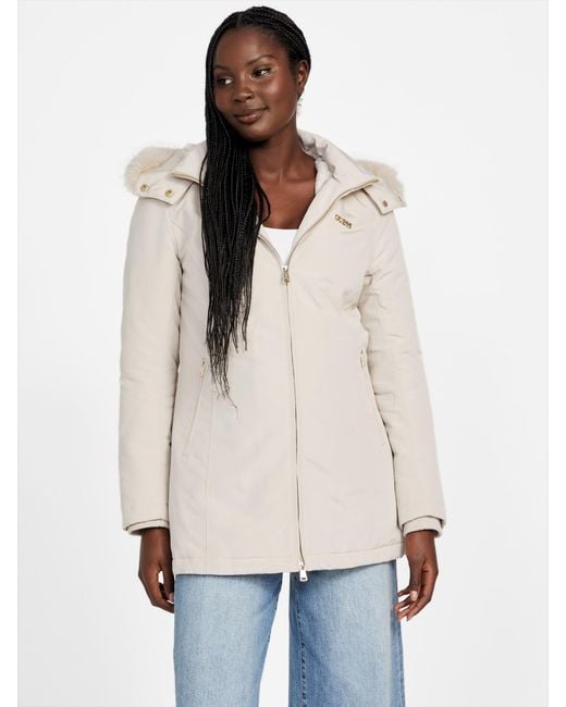 Guess Women's White Sammy Hooded Faux-Fur Jacket