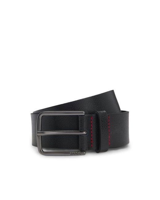 HUGO Black Embossed-Leather Belt With Brushed-Gunmetal Pin Buckle for men