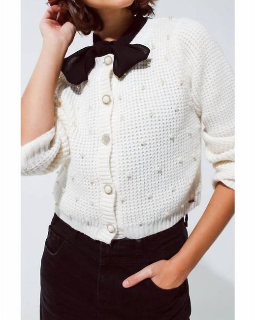 Q2 White Waffle Knit Cardigan With Pearls