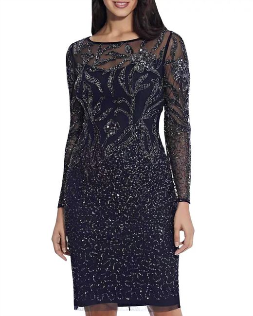 Adrianna Papell Blue Boat Neck Long Sleeve Mesh Dress