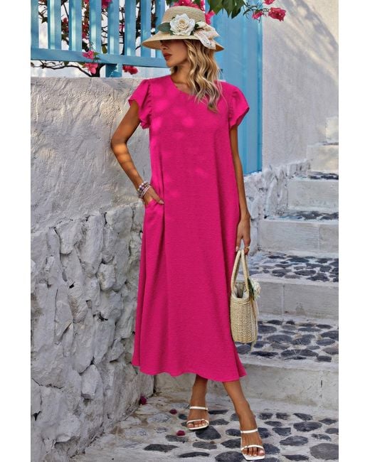 TRUEDAMES Pink Solid Swiss Dot Ruffle Hem Belt Midi Dress