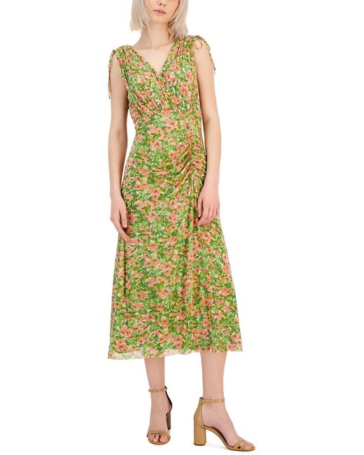 Anne Klein Green Floral Print Tea Length Shift Dress