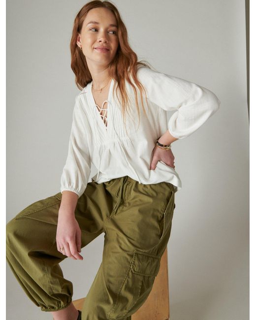 Lucky Brand Green Lace Up Peasant Blouse