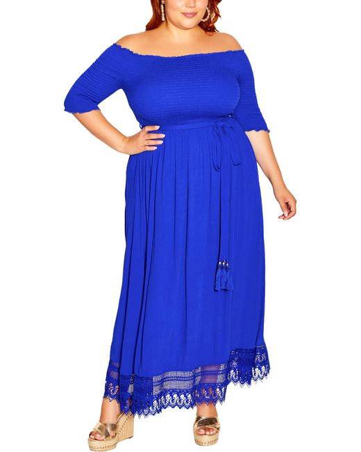 City Chic Blue Plus Mika Off-the-shoulder Lace Trim Maxi Dress