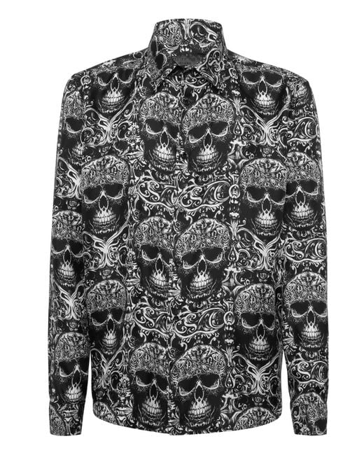 Philipp Plein Gray Printed Silk Shirt All Over Skull for men