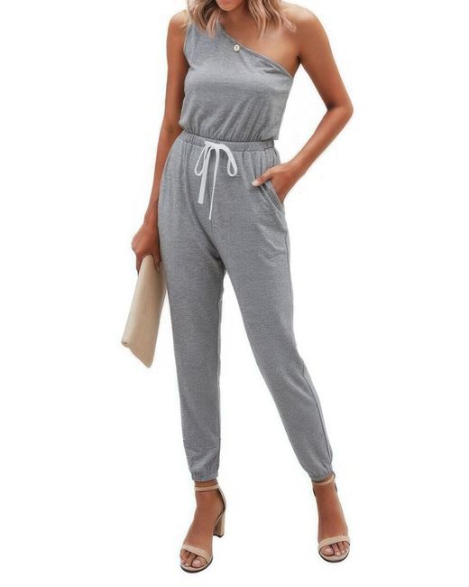 TRUEDAMES Blue One Shoulder Sleeveless Elastic Waist Jumpsuit