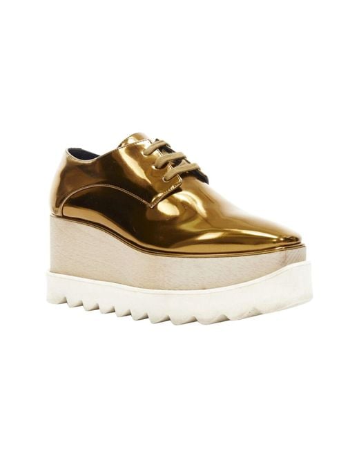 Stella McCartney Natural Elyse Mirrored Gold Faux Leather Wooden Platform Brogue