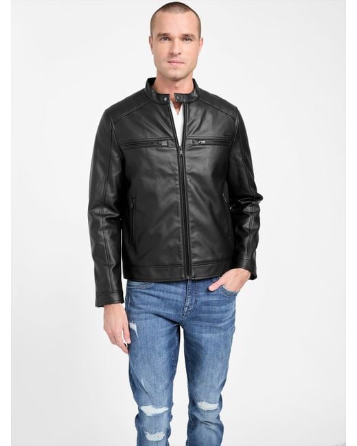 Guess Men's Black Mack Faux-Leather Moto Jacket