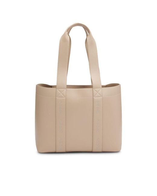 HUGO Natural Leather Tote Bag With Embossed Logo