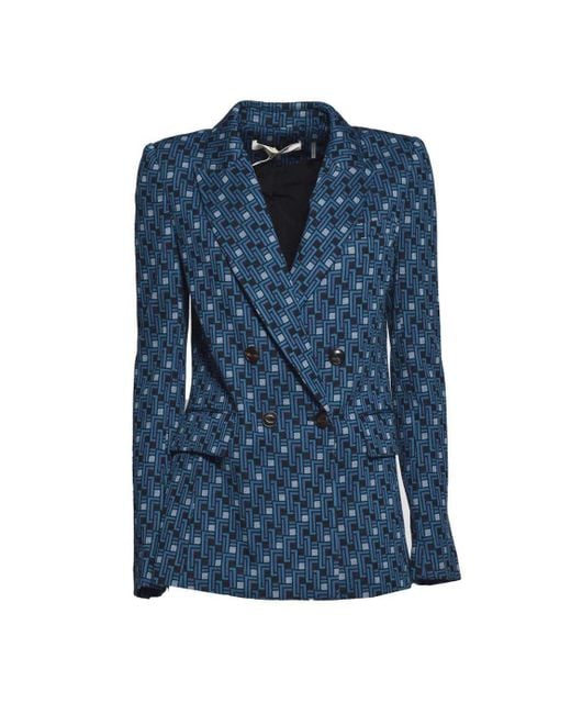 Diane von Furstenberg Blue Geometric Pattern Double-Breasted Wool Blend Jacket