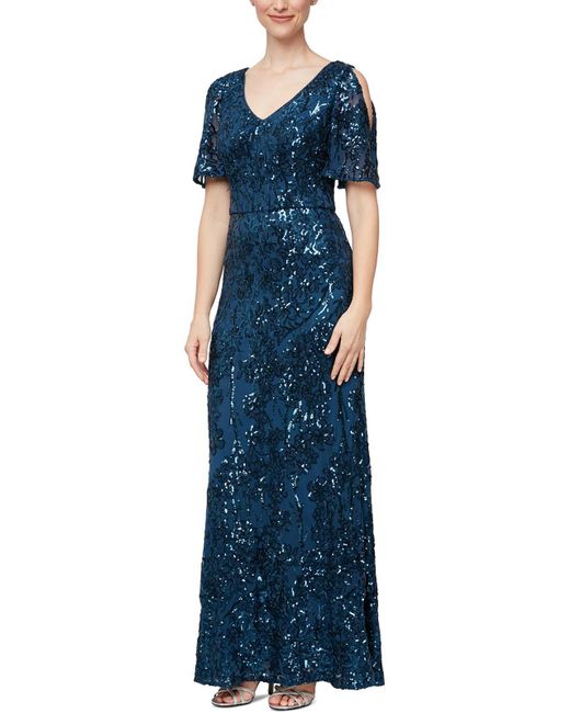 Alex Evenings Blue Embroidered Sequined Formal Dress