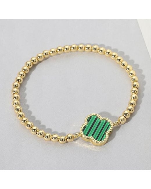 Fashnzfab Metallic Quatrefoil Stone Pointed Stainless Steel Ball Beaded Stretch Bracelet