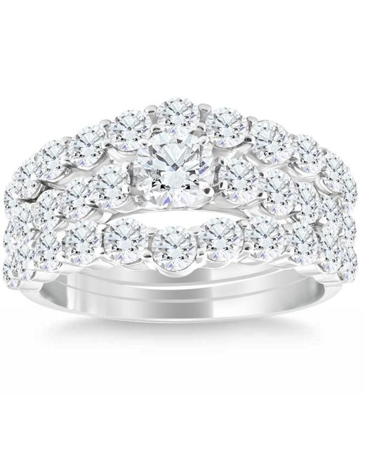 Pompeii3 Metallic 2 3/4ct Diamond Trio Engagement Wedding Ring 14k White Gold Matching Wedding Set