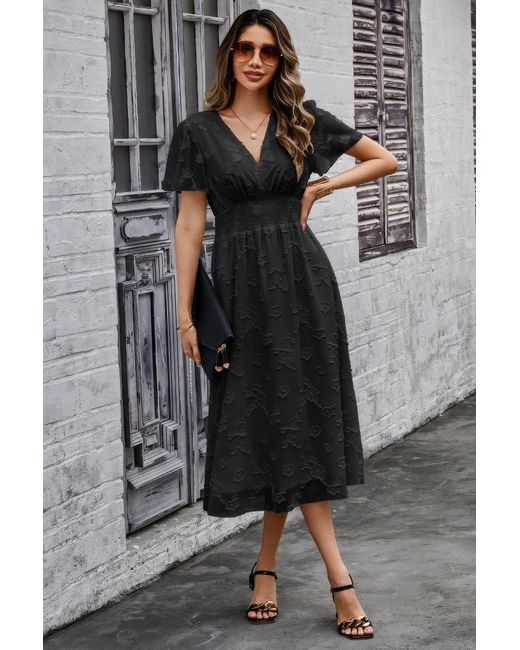 TRUEDAMES Black Deep V Ruched Elastic Belt Smocked Midi Dress