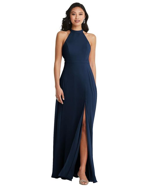 Dessy Collection Blue Stand Collar Halter Maxi Dress With Criss Cross Open-back
