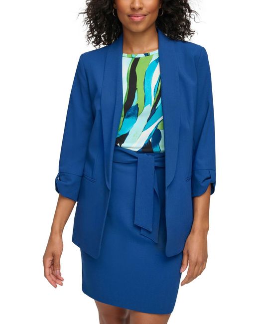 DKNY Blue Solid Rayon Open-front Blazer