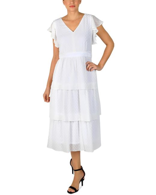 Julia Jordan White Tiered Ruffle Sleeves Midi Dress