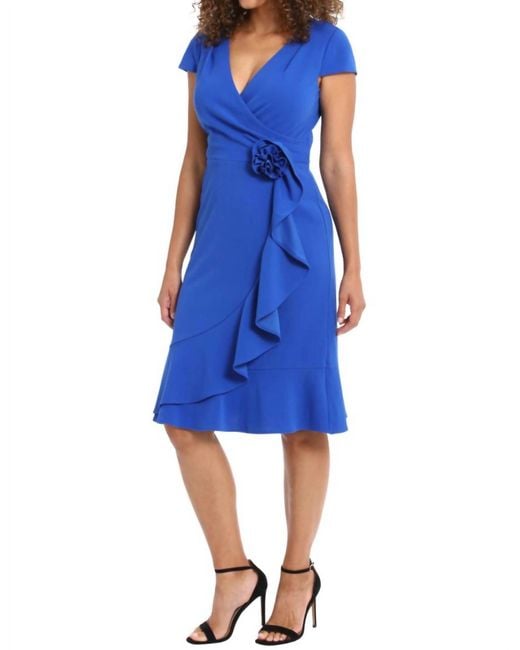 Maggy London Blue Wrap Dress Wtih Rosette