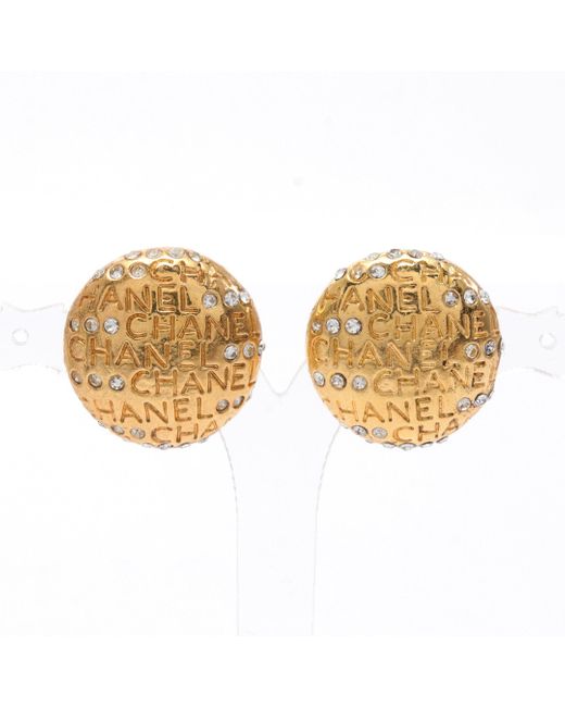 Chanel Metallic Earrings Gp Rhinestone Gold Logo Vintage