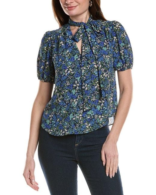 Cece Blue V-Neck Shirred Blouse