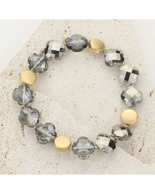 Fashnzfab Metallic Faceted Quatrefoil Beaded Stretch Bracelet Jet