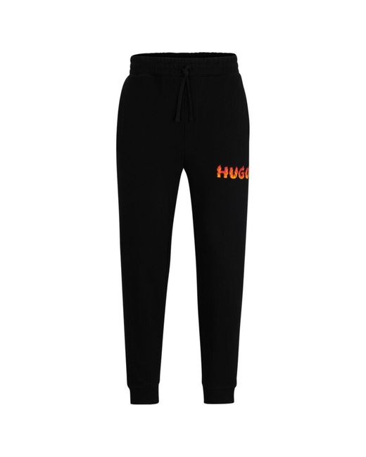 HUGO Black Cotton-Terry Tracksuit Bottoms With Puffed Flame Logo for men